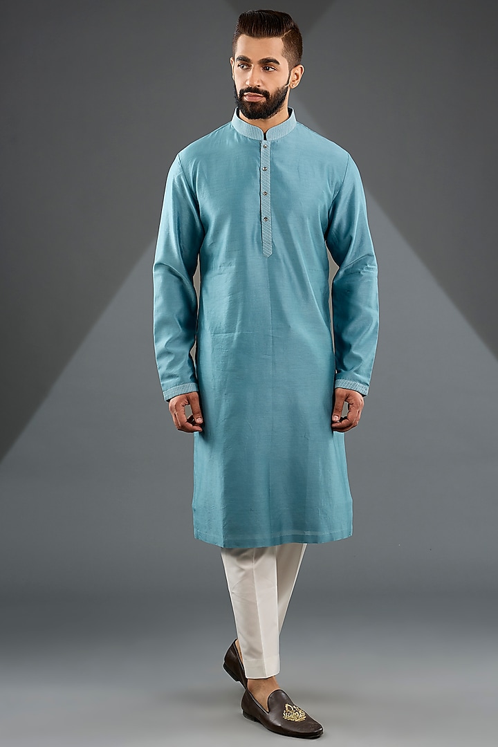 Nile Blue Silk Hand Embroidered Nehru Jacket Set by Dhruv Vaish at Pernia's Pop Up Shop