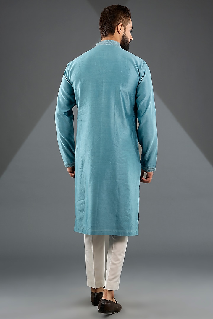 Nile Blue Silk Hand Embroidered Nehru Jacket Set by Dhruv Vaish at Pernia's Pop Up Shop