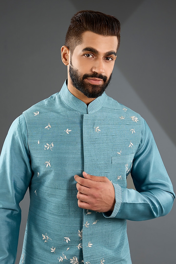 Nile Blue Silk Hand Embroidered Nehru Jacket Set by Dhruv Vaish at Pernia's Pop Up Shop