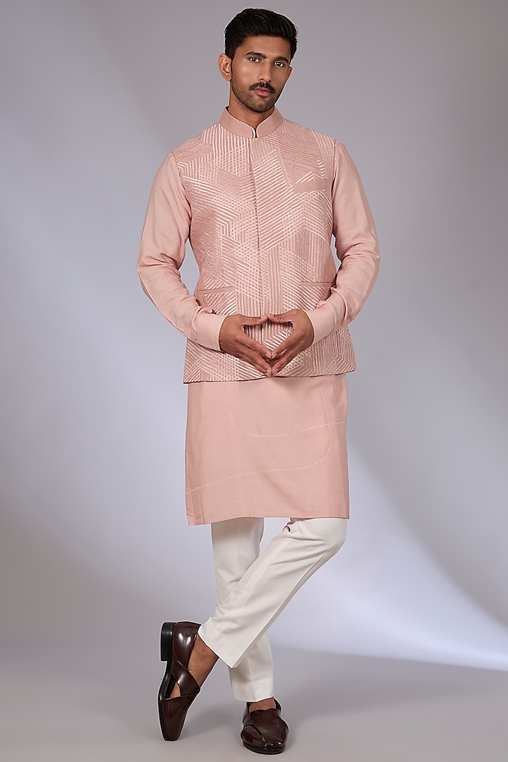 Onion Pink Cotton Silk Chanderi Bundi Jacket Set by Dhruv Vaish