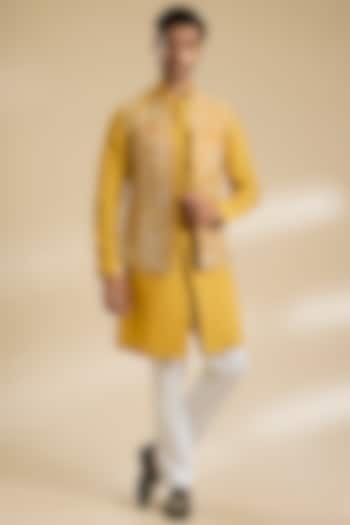 Marigold Silk Thread Embroidered Nehru Jacket Set by Dhruv Vaish