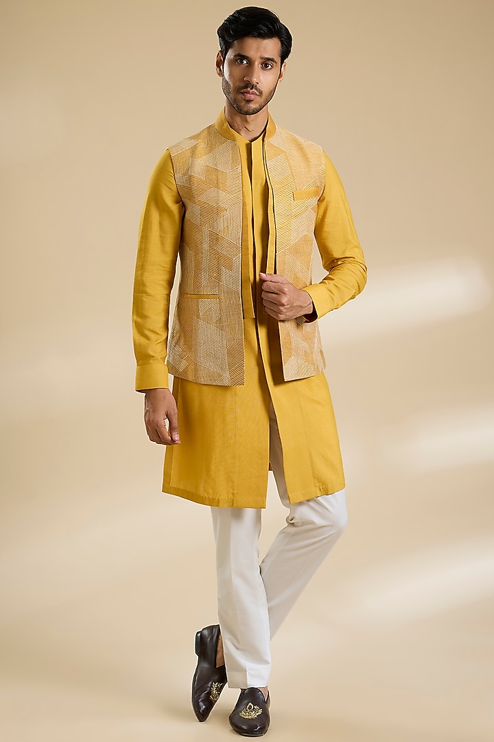 Marigold Silk Thread Embroidered Nehru Jacket Set by Dhruv Vaish