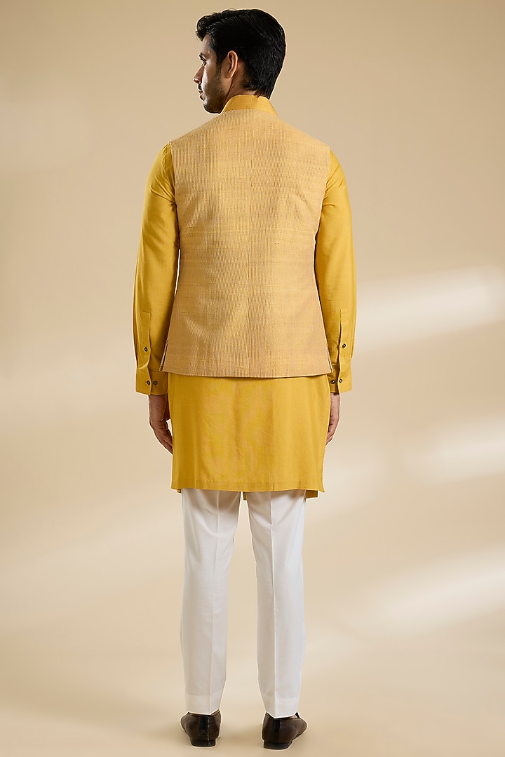 Marigold Silk Thread Embroidered Nehru Jacket Set by Dhruv Vaish at Pernia's Pop Up Shop