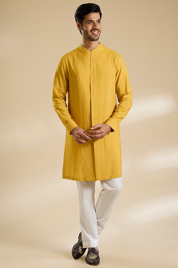 Marigold Silk Thread Embroidered Nehru Jacket Set by Dhruv Vaish at Pernia's Pop Up Shop