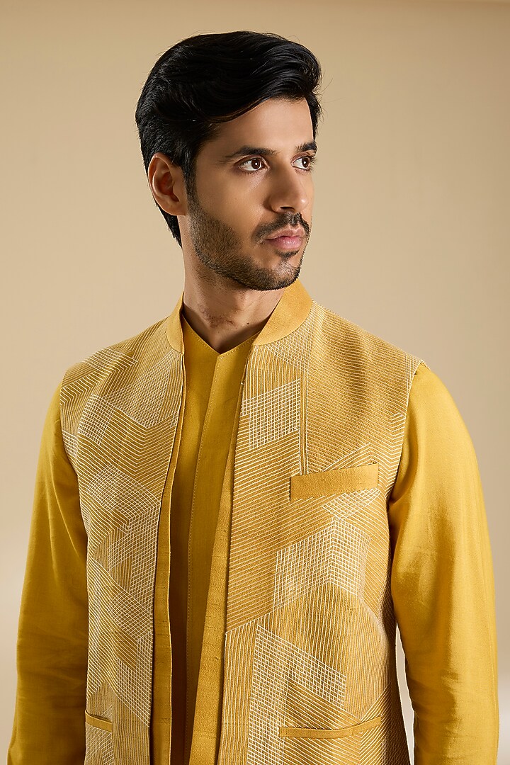 Marigold Silk Thread Embroidered Nehru Jacket Set by Dhruv Vaish at Pernia's Pop Up Shop