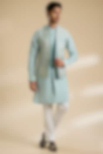 Powder Blue Silk Thread Embroidered Nehru Jacket Set by Dhruv Vaish