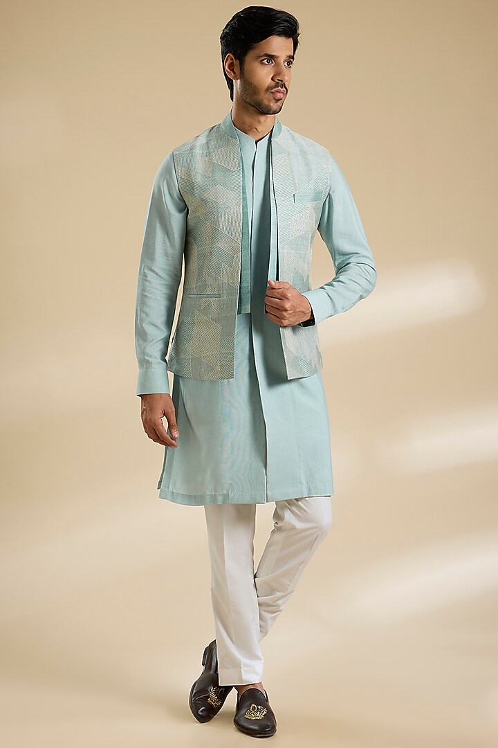 Powder Blue Silk Thread Embroidered Nehru Jacket Set by Dhruv Vaish