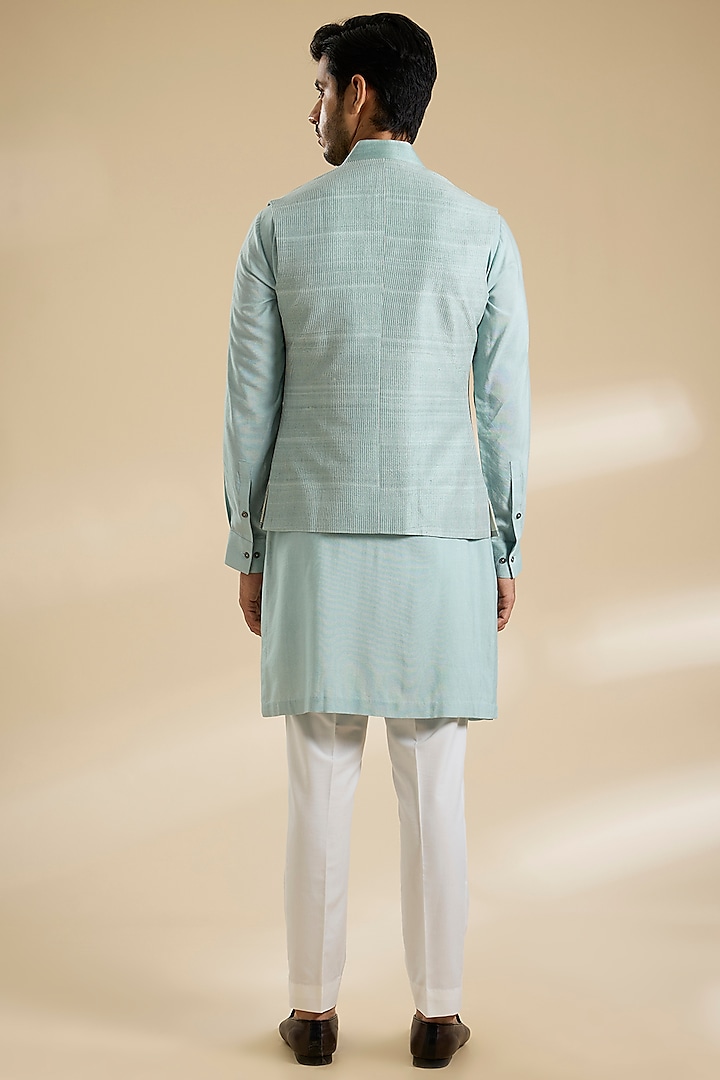 Powder Blue Silk Thread Embroidered Nehru Jacket Set by Dhruv Vaish at Pernia's Pop Up Shop