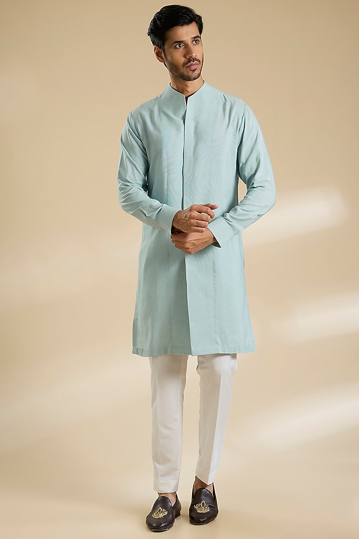 Powder Blue Silk Thread Embroidered Nehru Jacket Set by Dhruv Vaish at Pernia's Pop Up Shop