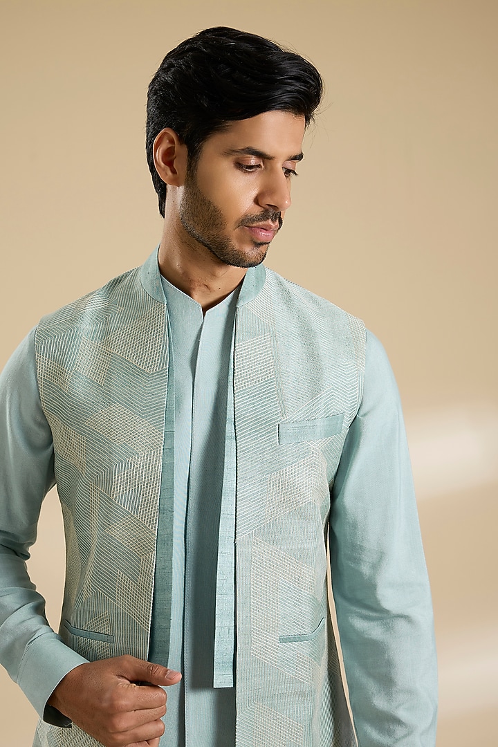 Powder Blue Silk Thread Embroidered Nehru Jacket Set by Dhruv Vaish at Pernia's Pop Up Shop