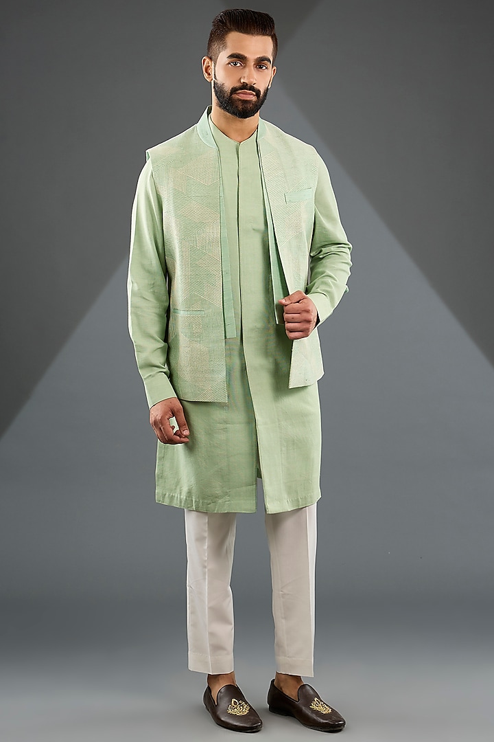 Jade Mist Silk Embroidered Nehru Jacket Set by Dhruv Vaish