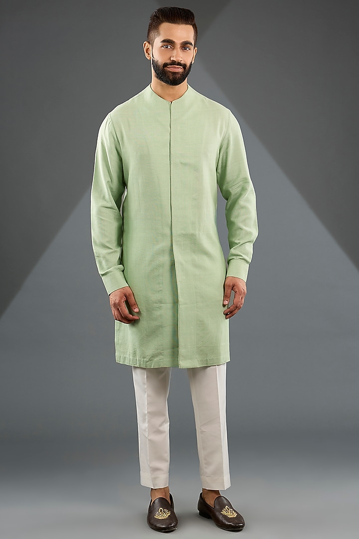 Jade Mist Silk Embroidered Nehru Jacket Set by Dhruv Vaish at Pernia's Pop Up Shop