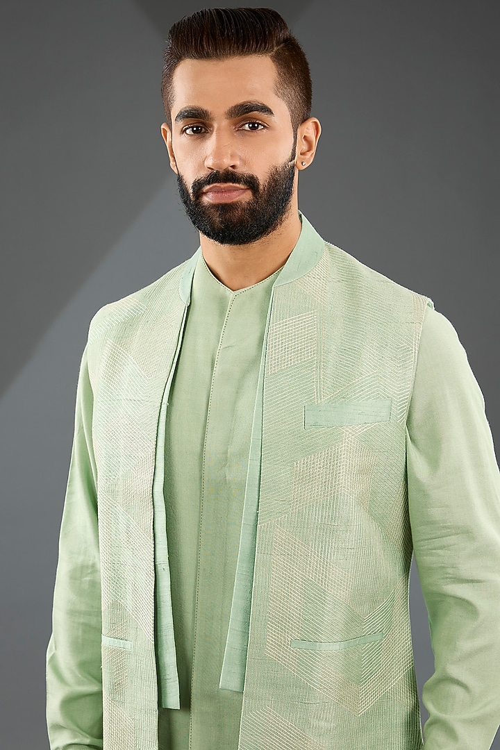 Jade Mist Silk Embroidered Nehru Jacket Set by Dhruv Vaish at Pernia's Pop Up Shop