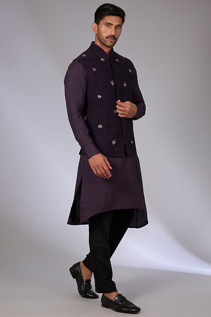 Midnight Purple Cotton Silk Chanderi Bundi Jacket Set by Dhruv Vaish