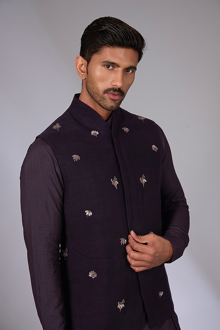 Midnight Purple Cotton Silk Chanderi Bundi Jacket Set by Dhruv Vaish at Pernia's Pop Up Shop