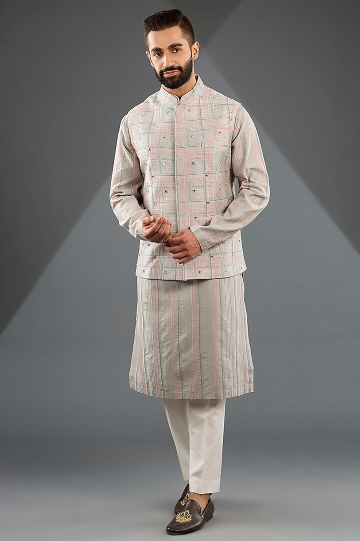 London Fog Silk Thread Embroidered Nehru Jacket Set by Dhruv Vaish
