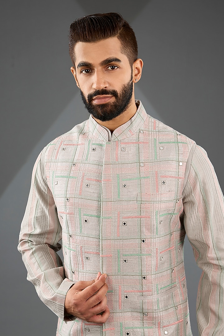 London Fog Silk Thread Embroidered Nehru Jacket Set by Dhruv Vaish at Pernia's Pop Up Shop
