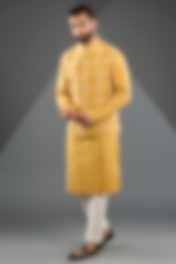 Marigold Silk Thread Embroidered Nehru Jacket Set by Dhruv Vaish