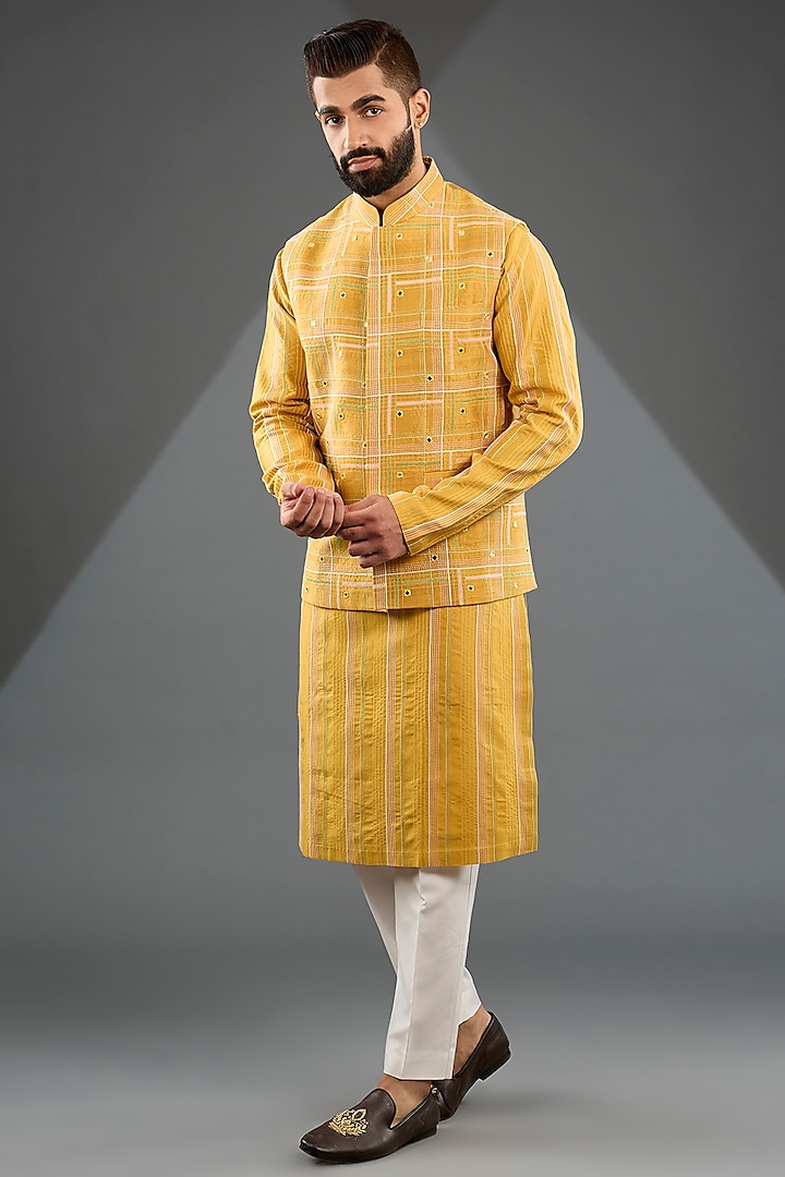 Marigold Silk Thread Embroidered Nehru Jacket Set by Dhruv Vaish