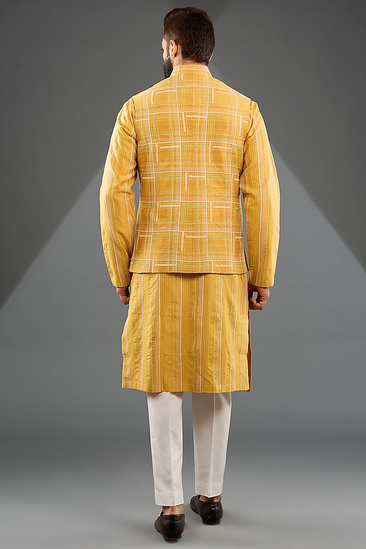 Marigold Silk Thread Embroidered Nehru Jacket Set by Dhruv Vaish at Pernia's Pop Up Shop