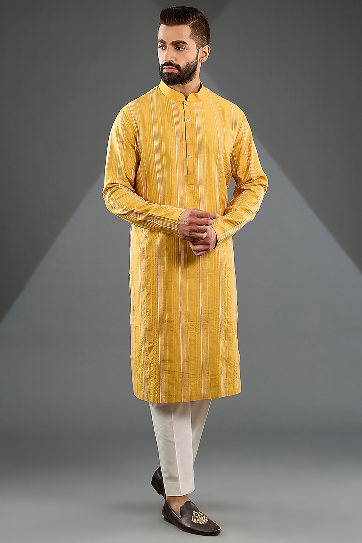 Marigold Silk Thread Embroidered Nehru Jacket Set by Dhruv Vaish at Pernia's Pop Up Shop