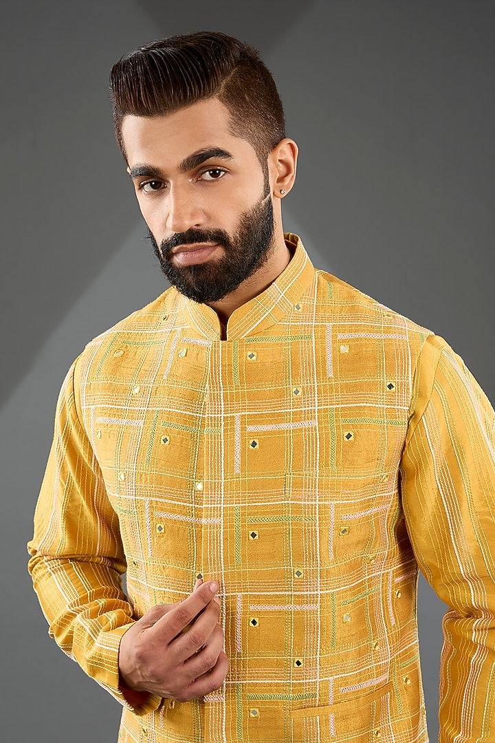 Marigold Silk Thread Embroidered Nehru Jacket Set by Dhruv Vaish at Pernia's Pop Up Shop