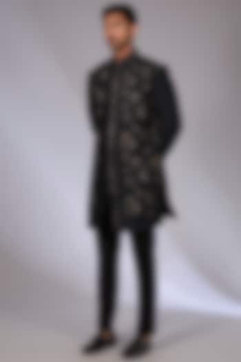 Black Silk Groom Indowestern Set by Dhruv Vaish at Pernia's Pop Up Shop