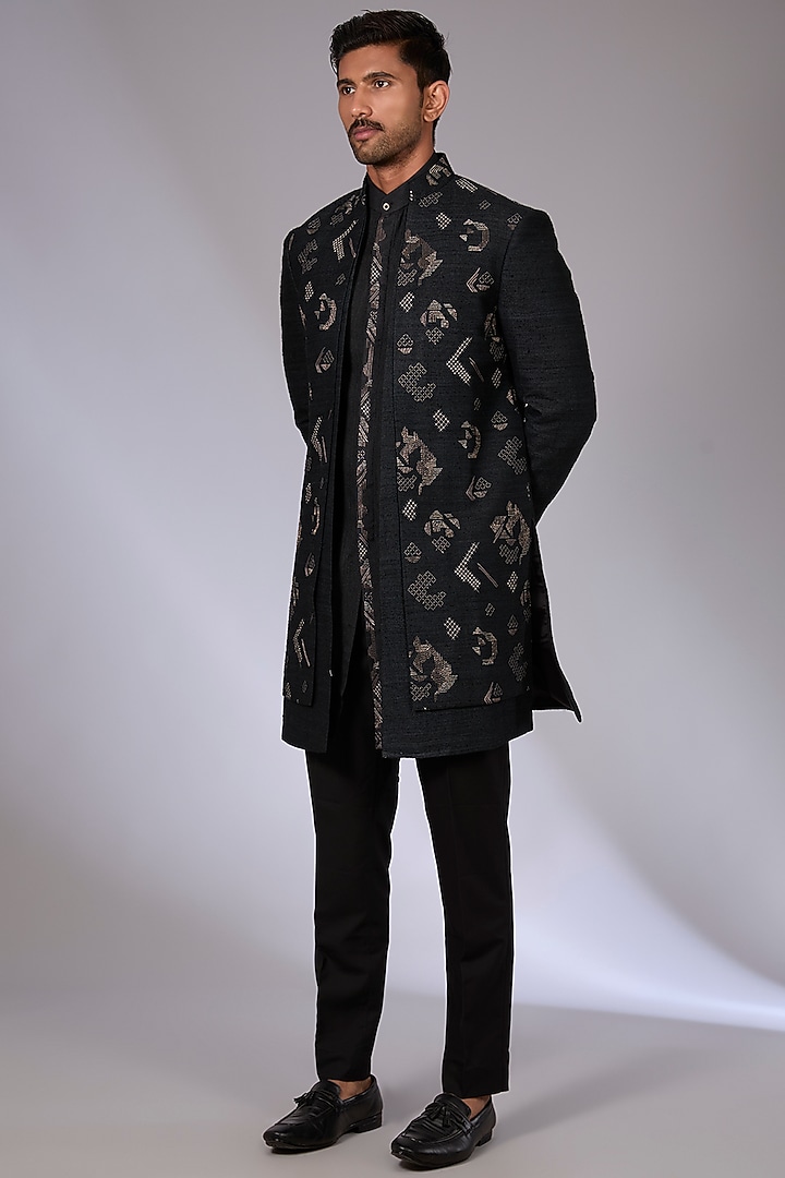 Black Silk Groom Indowestern Set by Dhruv Vaish at Pernia's Pop Up Shop