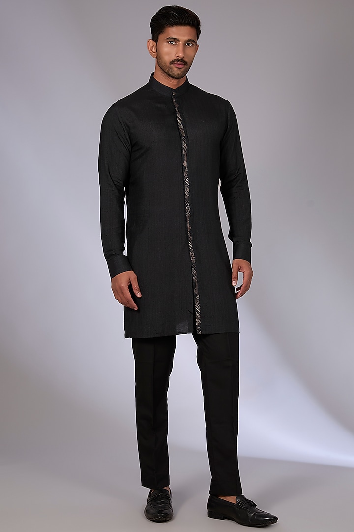 Black Silk Groom Indowestern Set by Dhruv Vaish at Pernia's Pop Up Shop