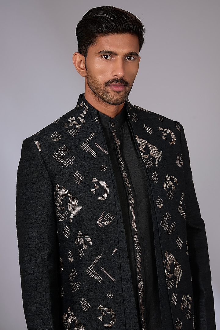 Black Silk Groom Indowestern Set by Dhruv Vaish at Pernia's Pop Up Shop