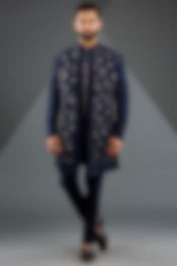 Navy Blue Silk Zari Embroidered Indowestern Jacket Set by Dhruv Vaish