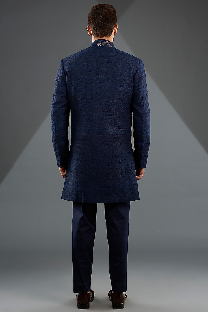 Navy Blue Silk Zari Embroidered Groom Indowestern Jacket Set by Dhruv Vaish at Pernia's Pop Up Shop