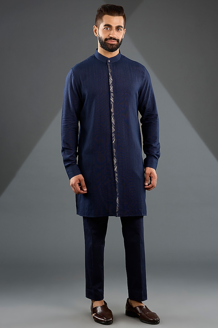 Navy Blue Silk Zari Embroidered Groom Indowestern Jacket Set by Dhruv Vaish at Pernia's Pop Up Shop