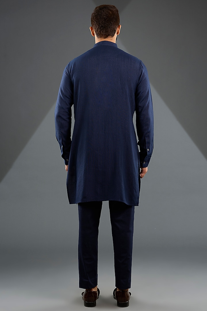 Navy Blue Silk Zari Embroidered Groom Indowestern Jacket Set by Dhruv Vaish at Pernia's Pop Up Shop