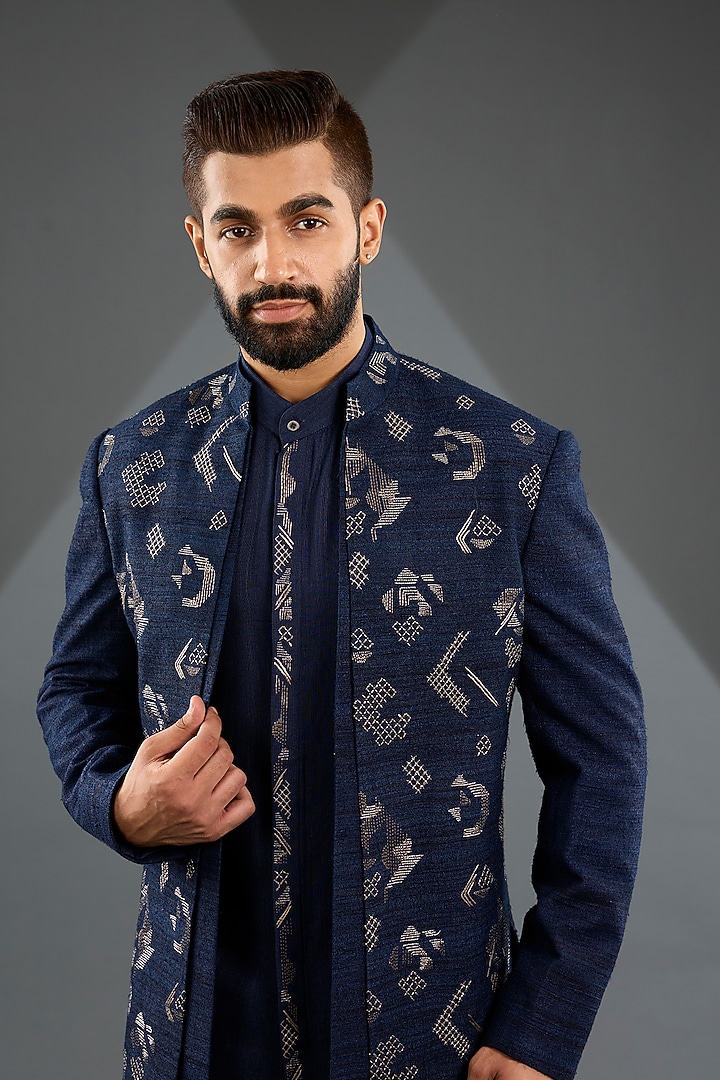 Navy Blue Silk Zari Embroidered Groom Indowestern Jacket Set by Dhruv Vaish at Pernia's Pop Up Shop