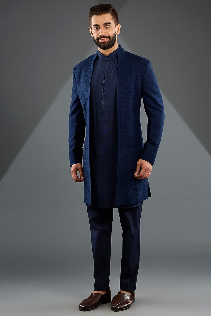 Navy Blue Silk Groom Indowestern Jacket Set by Dhruv Vaish at Pernia's Pop Up Shop