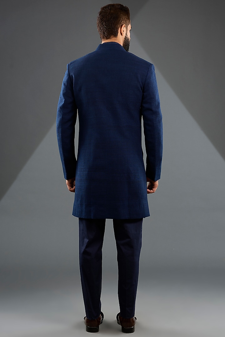 Navy Blue Silk Groom Indowestern Jacket Set by Dhruv Vaish at Pernia's Pop Up Shop