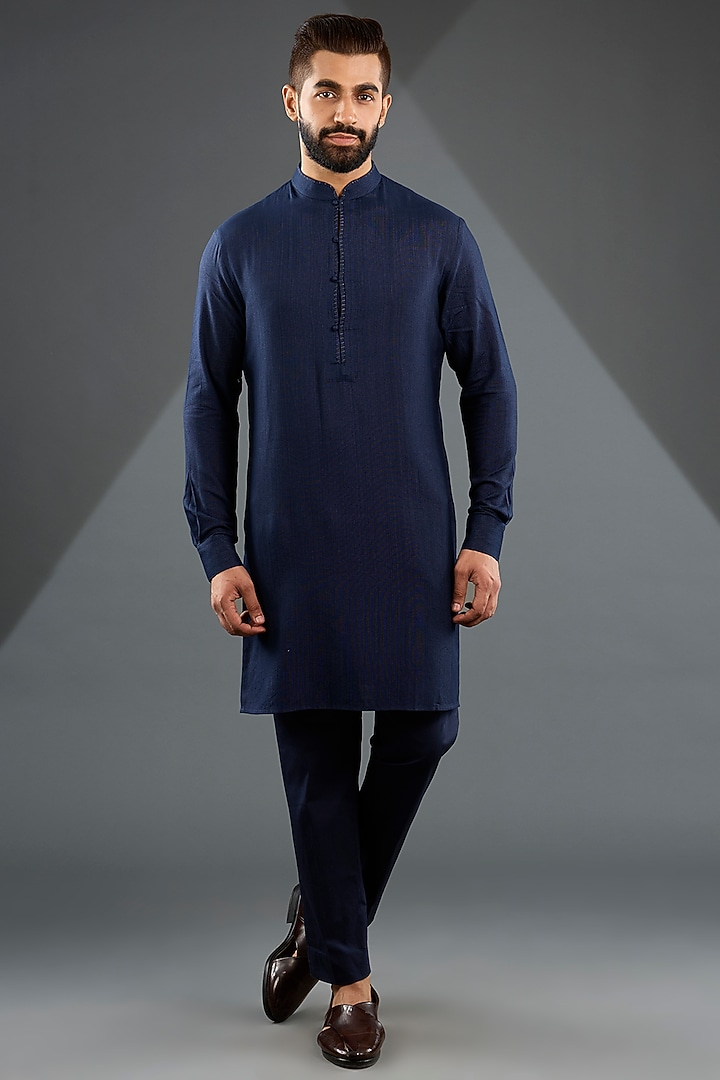 Navy Blue Silk Groom Indowestern Jacket Set by Dhruv Vaish at Pernia's Pop Up Shop