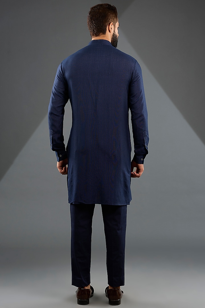 Navy Blue Silk Groom Indowestern Jacket Set by Dhruv Vaish at Pernia's Pop Up Shop