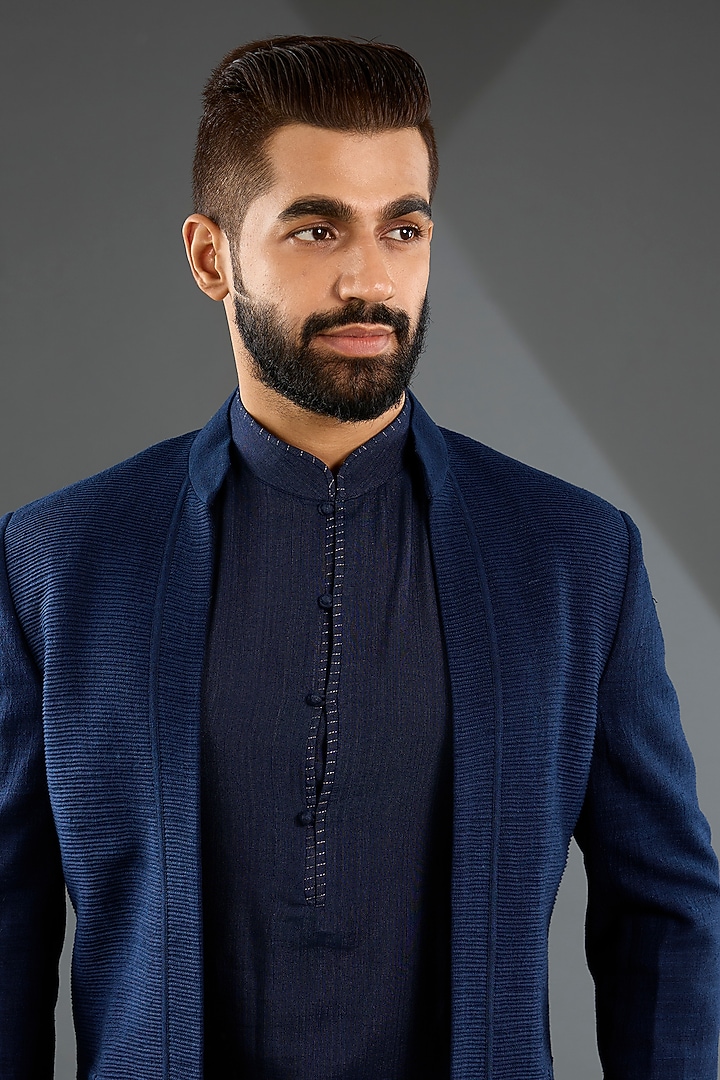 Navy Blue Silk Groom Indowestern Jacket Set by Dhruv Vaish at Pernia's Pop Up Shop