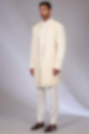 Cream Silk Groom Indowestern Set by Dhruv Vaish at Pernia's Pop Up Shop