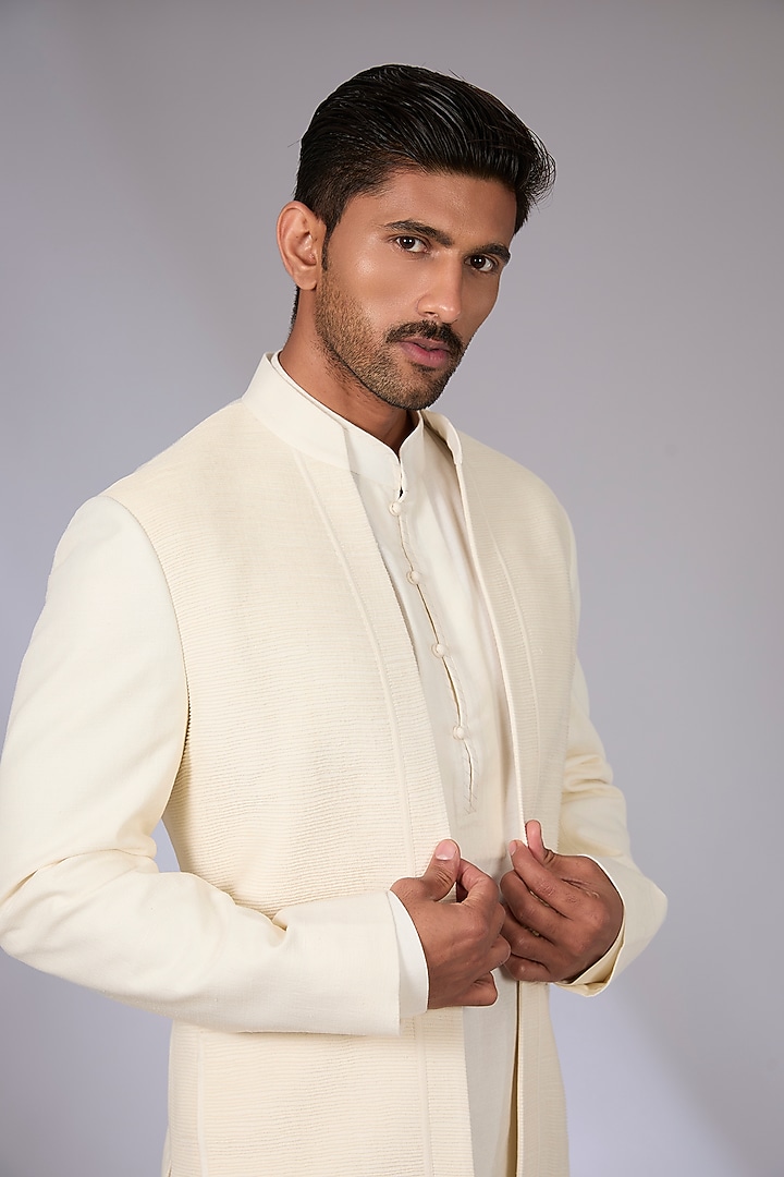 Cream Silk Groom Indowestern Set by Dhruv Vaish at Pernia's Pop Up Shop