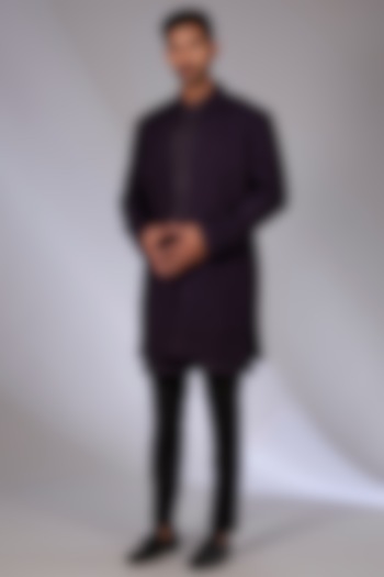 Midnight Purple Silk Groom Indowestern Set by Dhruv Vaish at Pernia's Pop Up Shop