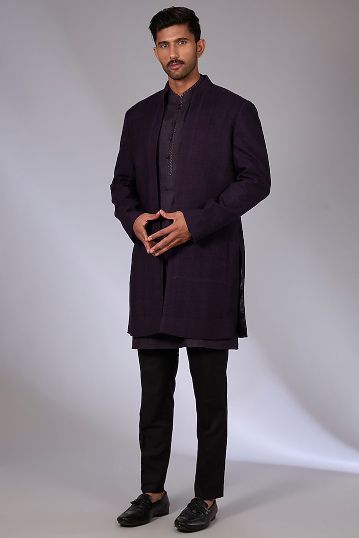Midnight Purple Silk Groom Indowestern Set by Dhruv Vaish at Pernia's Pop Up Shop