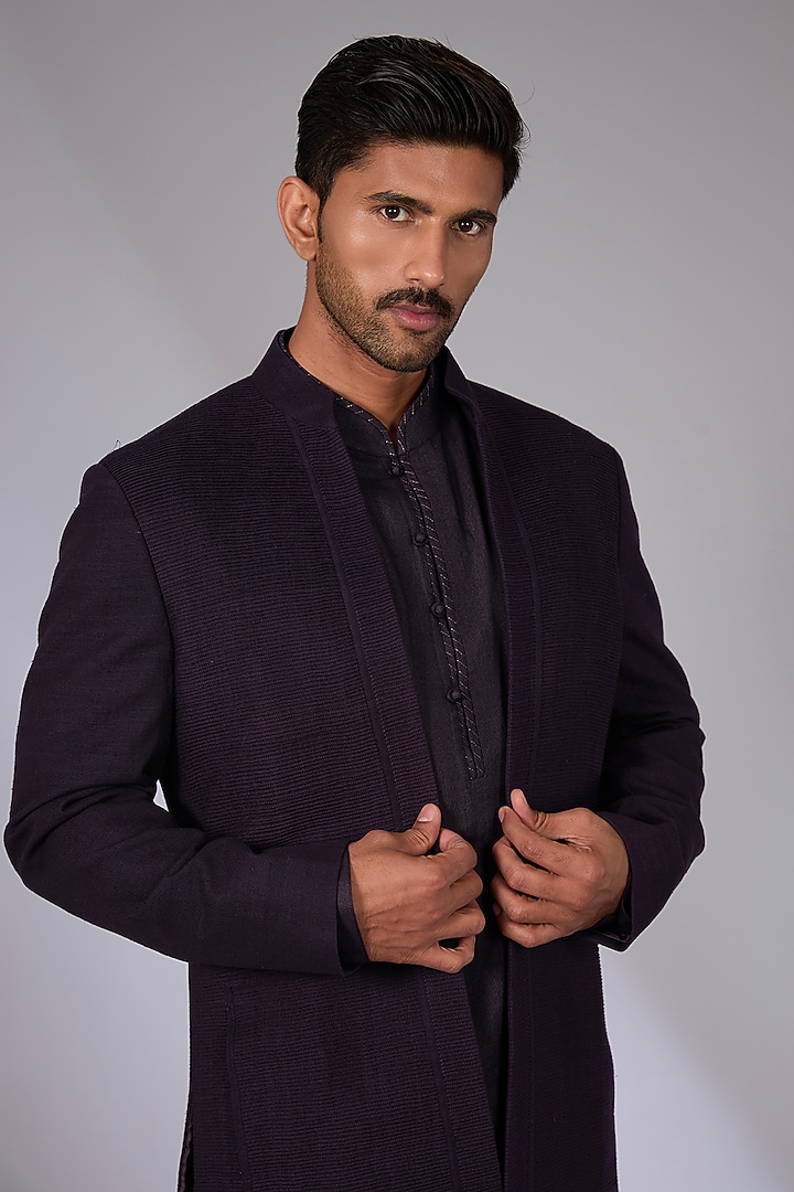 Midnight Purple Silk Groom Indowestern Set by Dhruv Vaish at Pernia's Pop Up Shop