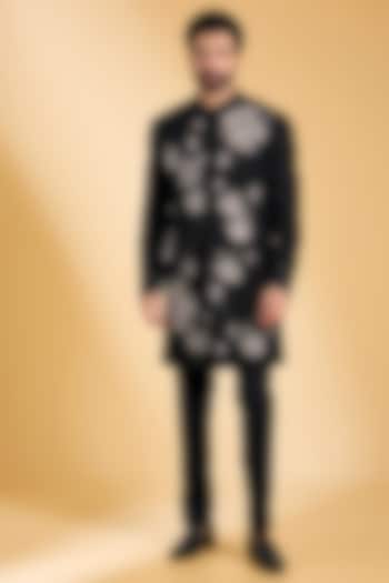 Black Silk Bundi Jacket Set by Dhruv Vaish