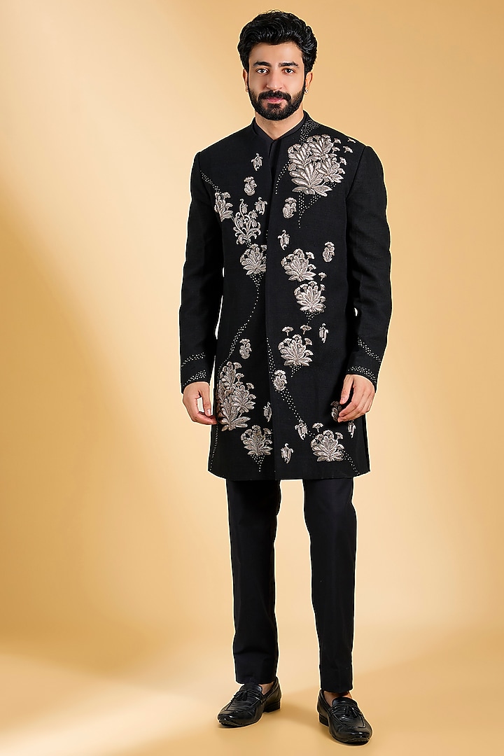 Black Silk Bundi Jacket Set by Dhruv Vaish
