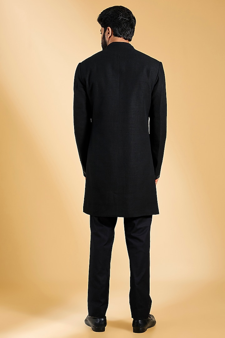 Black Silk Groom Indowestern Set by Dhruv Vaish at Pernia's Pop Up Shop