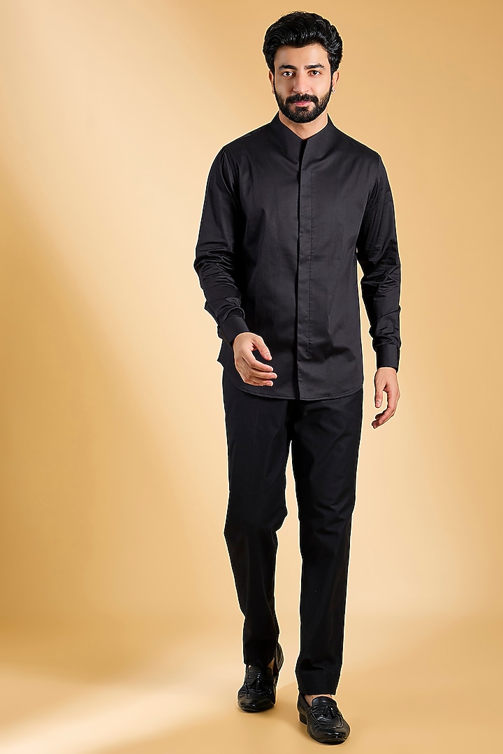 Black Silk Groom Indowestern Set by Dhruv Vaish at Pernia's Pop Up Shop