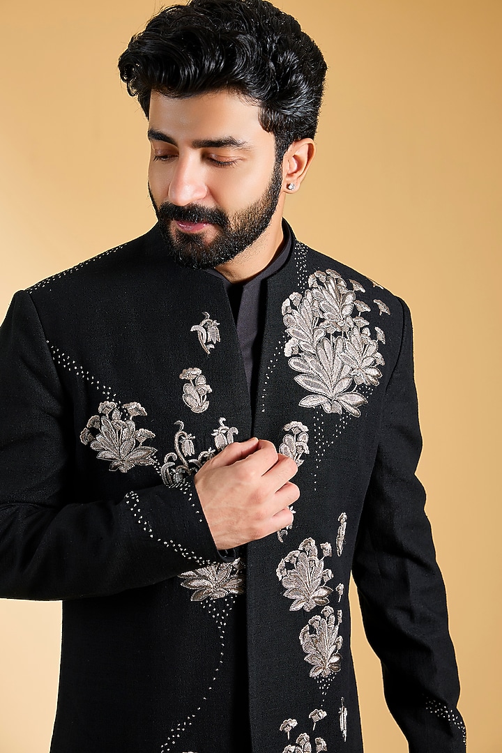 Black Silk Groom Indowestern Set by Dhruv Vaish at Pernia's Pop Up Shop